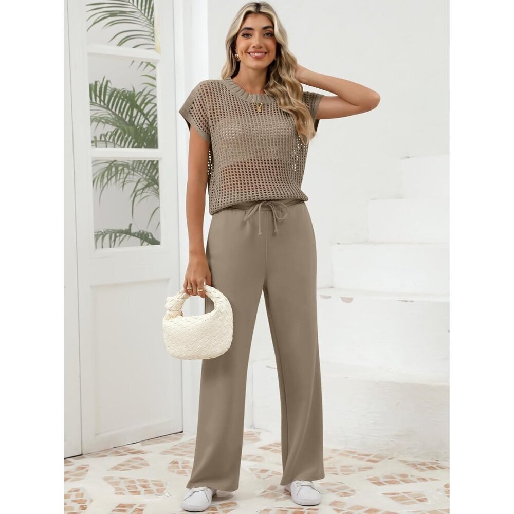 Women Crochet Sheer Knit Sweater Top Wide Leg Pants Lounge Sets Medium - Picture 6 of 7